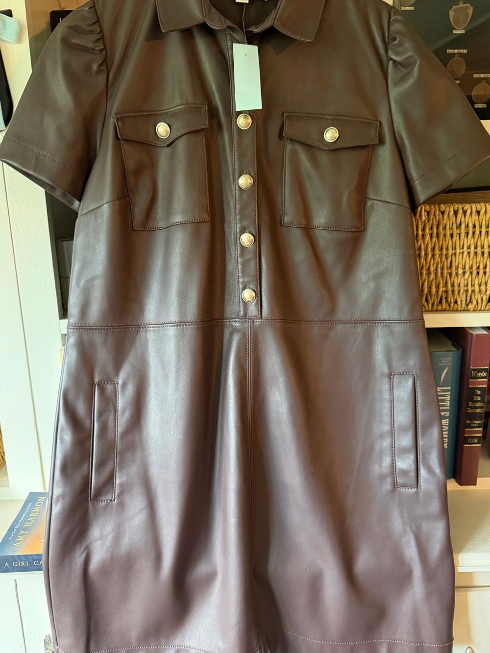 LOFT Brown Faux Leather Short Sleeve Shirt Dress 12P